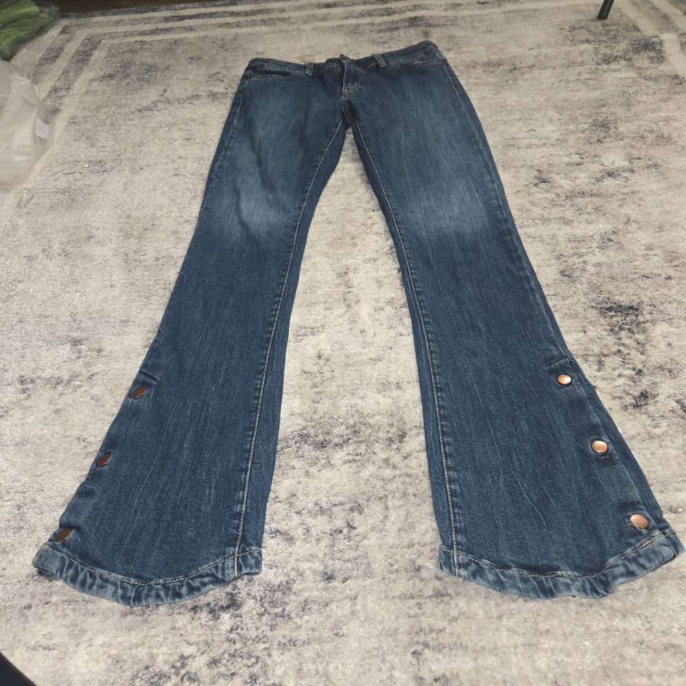 Acquaverde Blue Flare Leg Denim Jeans Snap Button Hem Medium Wash Bell bottom - Picture 14 of 16